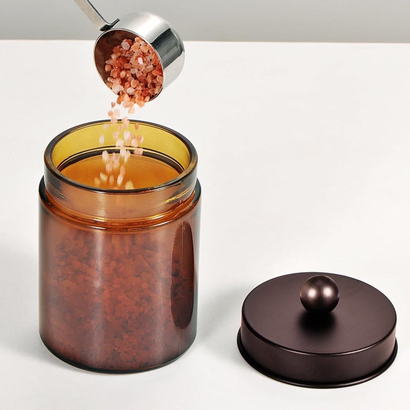 Komashr Amber Glass Qtip Holder, Apothecary Jars with brown Metal Lid & Stickers-Bathroom Qtip Dispenser Storage Organizer Set,Vanity Counter Canister for Cotton Swabs,Round Pads,Floss (3 Pack,bronze) - Image 2
